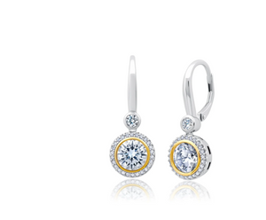 Two Tone Halo Leverback Earrings Finished in Platinum and Gold