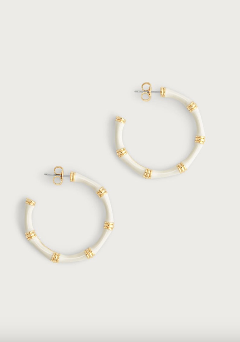 Bamboo Enameled Medium Hoop Earring Cream