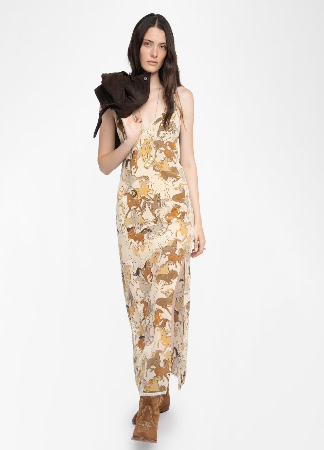 horse maxi dress Zadig&Voltaire Womens Ecru Ramelil Horse-Pattern Silk Midi Dress S