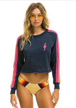 Load image into Gallery viewer, Bolt Crop Crew Sweatshirt Navy Neon Stripe