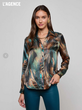 Load image into Gallery viewer, Tyler Silk Blouse Teal Multi Mixed Feathers