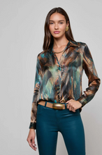 Load image into Gallery viewer, Tyler Silk Blouse Teal Multi Mixed Feathers