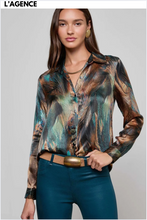 Load image into Gallery viewer, Tyler Silk Blouse Teal Multi Mixed Feathers