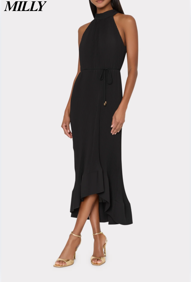 Nalani Pleated Midi Dress in Black | Milly Nalani Pleated Midi Dress in Black | Milly