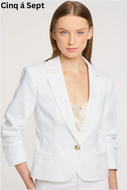 Women's white single-button blazer with notch lapel and three-quarter sleeves