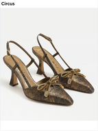 Bronze brocade pointed-toe slingback heel with olive velvet bow detail