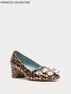 Frances Valentine Josephine leopard print block heel pump with crystal embellishments