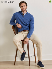 Load image into Gallery viewer, Men's blue merino quarter-zip sweater with suede zipper trim and khaki chinos