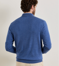 Load image into Gallery viewer, Men's blue heather quarter-zip knit sweater, back view, layered over collared shirt