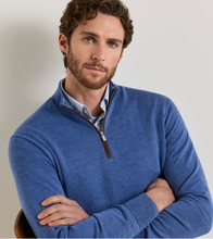 Load image into Gallery viewer, Men's blue quarter-zip sweater with brown zipper, worn over plaid shirt