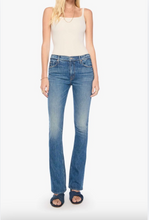Load image into Gallery viewer, Women's mid-rise bootcut jeans in medium blue wash with subtle fading