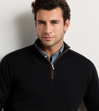 Load image into Gallery viewer, Peter Millar Autumn black quarter-zip sweater layered over blue chambray shirt
