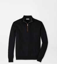 Load image into Gallery viewer, Peter Millar black quarter-zip sweater with brown zipper and mock neck collar