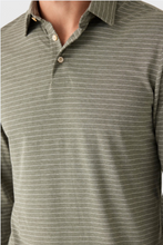 Load image into Gallery viewer, Olive green striped long sleeve polo shirt with spread collar and two buttons
