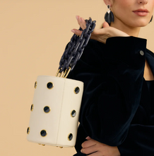 Load image into Gallery viewer, Cream leather bucket bag with navy studs and chunky dark chain handle