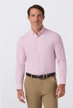 Load image into Gallery viewer, Man wearing a slim-fit long-sleeve button-down dress shirt with khaki pants and dark belt