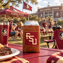 Load image into Gallery viewer, Smathers &amp; Branson FSU needlepoint can cooler at Florida State tailgate outside Doak Campbell Stadium