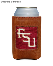 Load image into Gallery viewer, Leather can cooler with needlepoint FSU logo panel, holding a standard beverage can