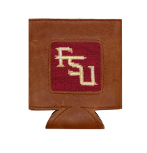 Load image into Gallery viewer, Smathers &amp; Branson leather can cooler featuring needlepoint FSU Florida State University logo