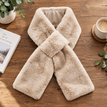Load image into Gallery viewer, Luxuriously soft faux fur pull-through scarf laid flat on a rustic wooden surface