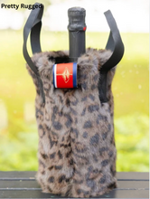 Load image into Gallery viewer, Pretty Rugged faux fur leopard print wine tote bag with black carrying straps