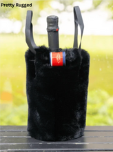 Load image into Gallery viewer, Pretty Rugged faux fur wine tote bag holding a champagne bottle with carry handles
