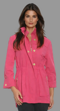 Load image into Gallery viewer, Women's fitted zip-up jacket with gold buttons, cinched waist, and zip pockets