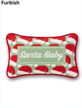 Load image into Gallery viewer, Needlepoint lumbar pillow featuring Santa hats pattern with 'Santa Baby' text center