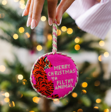 Load image into Gallery viewer, Needlepoint Christmas ornament featuring a tiger and 'Merry Christmas Ya Filthy Animal' text