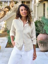 Load image into Gallery viewer, Women's sand beige linen button-up shirt with chest pocket and rolled sleeves