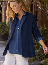 Load image into Gallery viewer, Navy blue open-front sweatshirt blazer with notched lapels and patch pockets