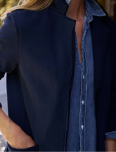 Load image into Gallery viewer, Navy sweatshirt blazer layered over open denim shirt, close-up detail view