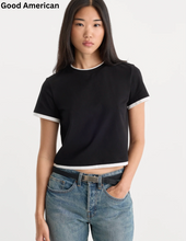 Load image into Gallery viewer, Cropped ringer tee with contrast trim details, paired with belted denim jeans