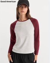 Load image into Gallery viewer, Woman wearing a two-tone long sleeve raglan baseball tee with crew neckline