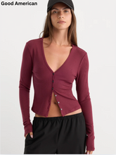 Load image into Gallery viewer, Women's fitted ribbed V-neck cardigan with button front and long sleeves