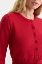 Load image into Gallery viewer, Woman wearing a fine knit button-front cardigan with rounded neckline and fabric-covered buttons