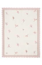 Load image into Gallery viewer, Barefoot Dreams cream baby blanket with pink floral pattern and scalloped pink border