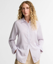 Load image into Gallery viewer, Woman wearing Barbour Evangeline striped button-up shirt with classic collar and long sleeves