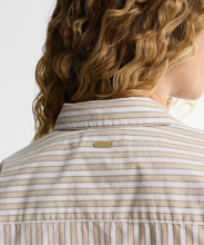 Load image into Gallery viewer, Close-up back view of Barbour Fawne striped shirt showing logo badge and collar detail