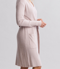 Load image into Gallery viewer, Woman wearing a long ribbed knit robe with front pockets and V-neckline