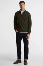 Load image into Gallery viewer, Barbour olive green quarter-zip pullover layered over striped shirt with dark jeans