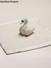 Load image into Gallery viewer, Soft plush swan stuffed animal resting on a satin-trimmed security blanket lovey