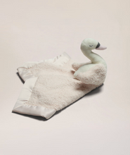 Load image into Gallery viewer, Soft plush swan lovey security blanket with satin trim, featuring an attached stuffed swan head