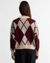 Load image into Gallery viewer, Woman wearing Barbour Harleigh Argyle Cardigan with classic diamond pattern, back view