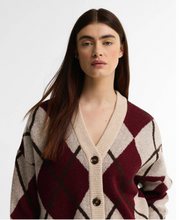 Load image into Gallery viewer, Woman wearing Barbour Harleigh Argyle Cardigan with classic diamond pattern and button front