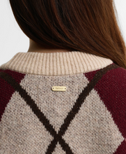 Load image into Gallery viewer, Close-up back view of Barbour Harleigh Argyle Cardigan showing diamond pattern and branded metal tag