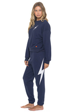 Load image into Gallery viewer, Aviator Nation navy blue bolt crew relaxed sweatshirt with white lightning bolt graphic