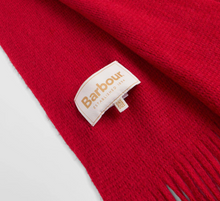 Load image into Gallery viewer, Barbour crimson red knit scarf with fringe ends and woven label