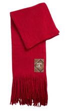 Load image into Gallery viewer, Barbour crimson red wool scarf with fringe ends and plaid brand label