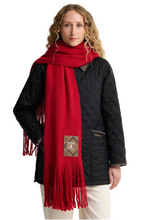 Load image into Gallery viewer, Barbour Connie Scarf in crimson red with fringe tassels and tartan branded patch